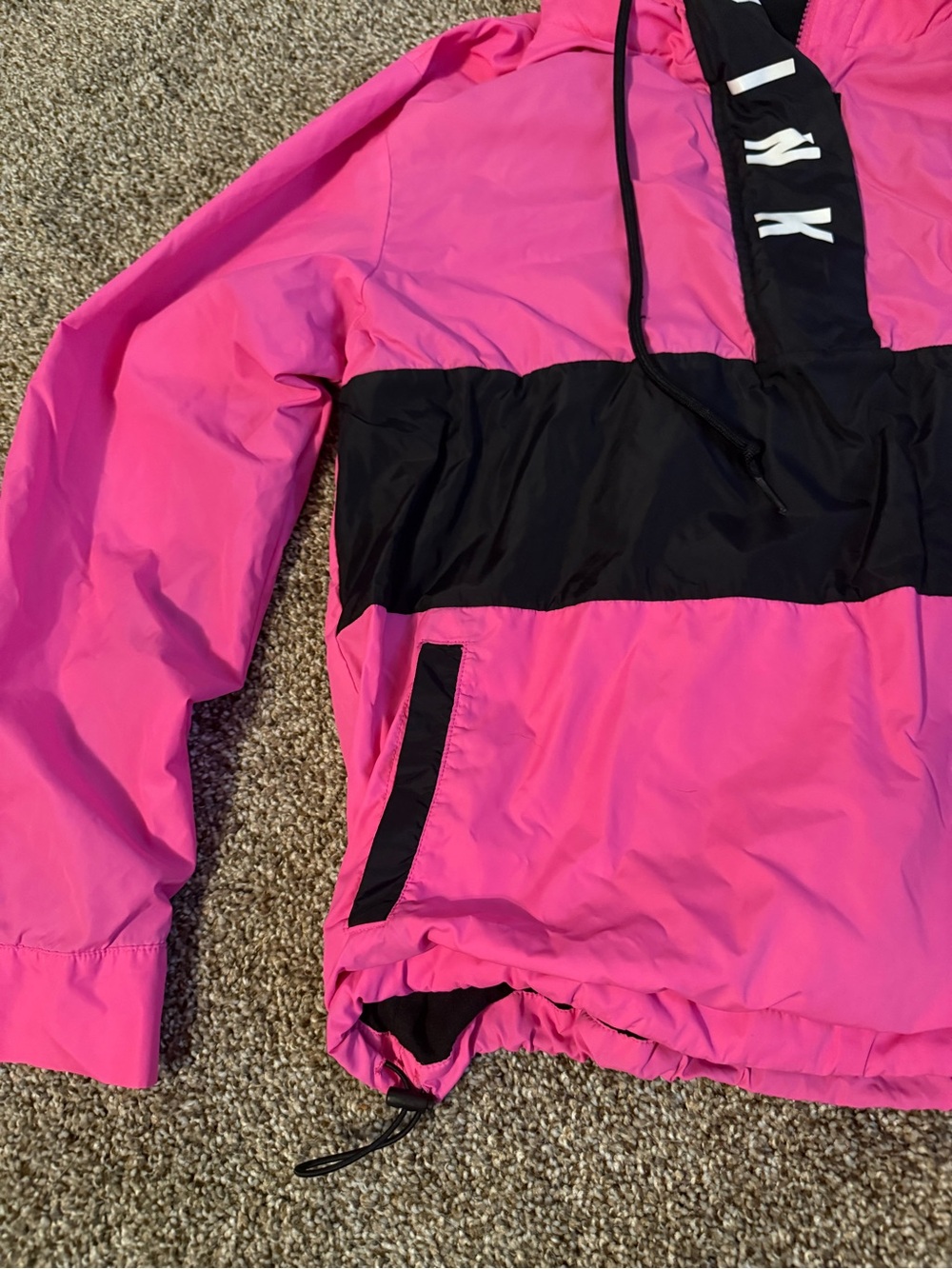 PINK Victoria's Secret Pink and Black Hooded Puffer Jacket - Picture 3 of 5